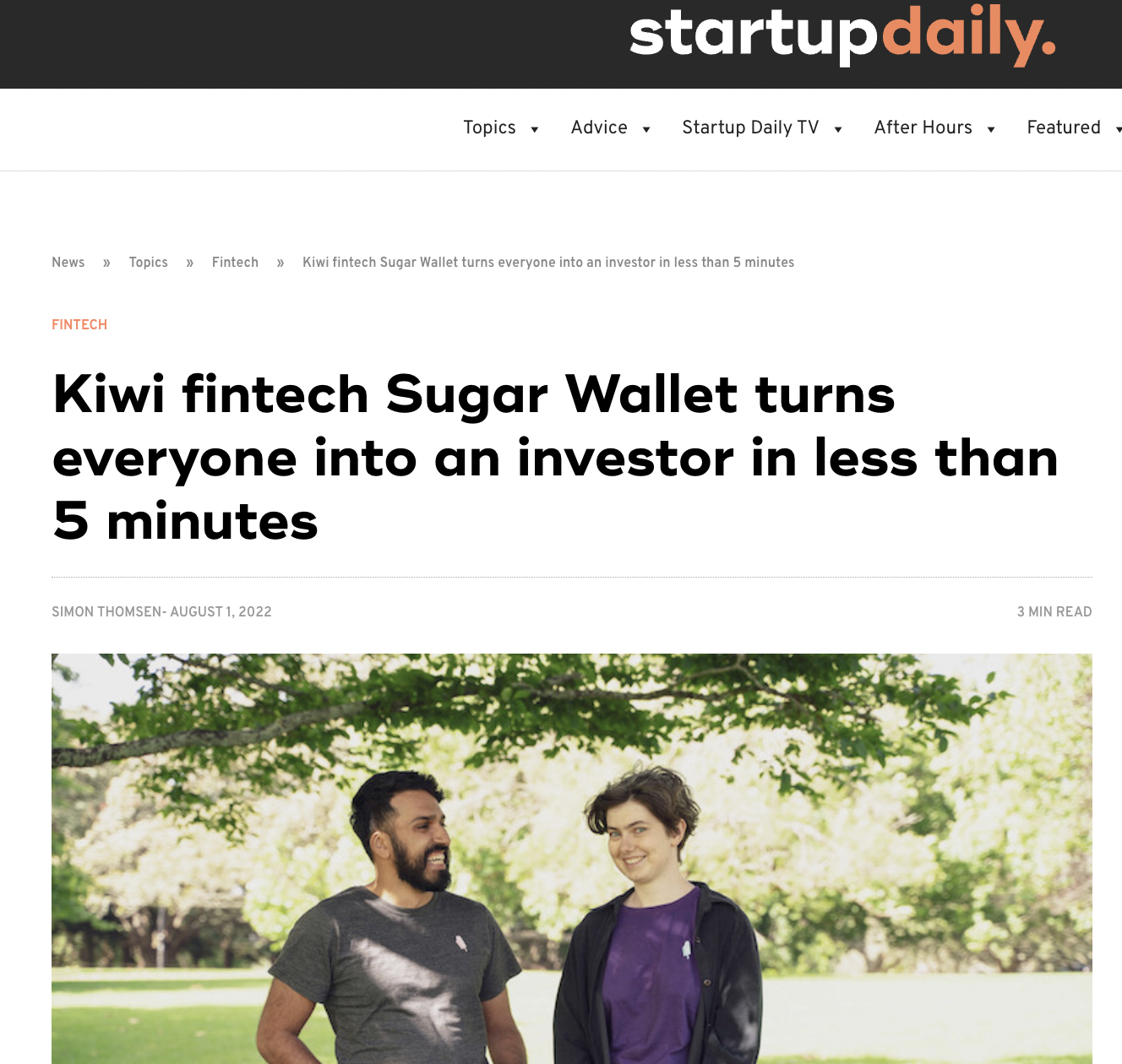 Sugar Wallet features in Startup Daily