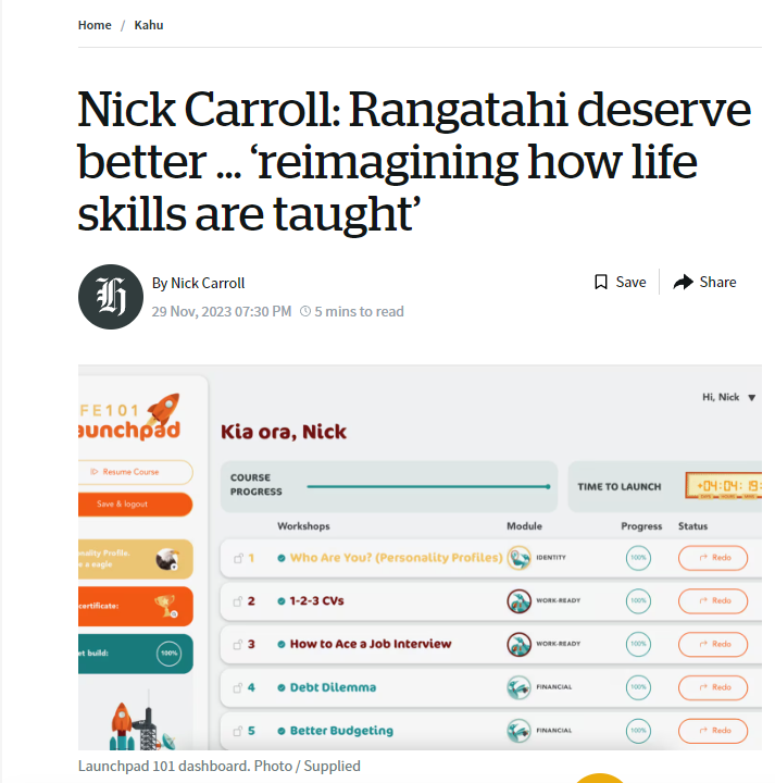 Life 101 Launchpad features in NZ Herald